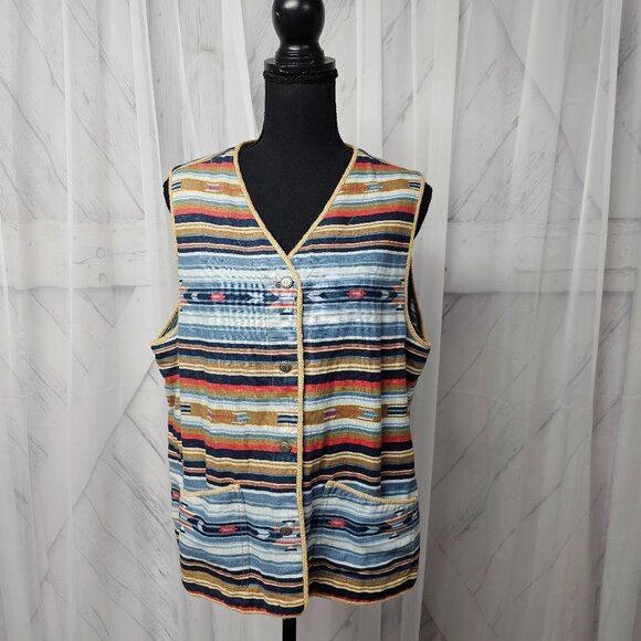 VTG Jones New York Blue Linen Aztec southwestern Button Down Vest Size L - Picture 1 of 11